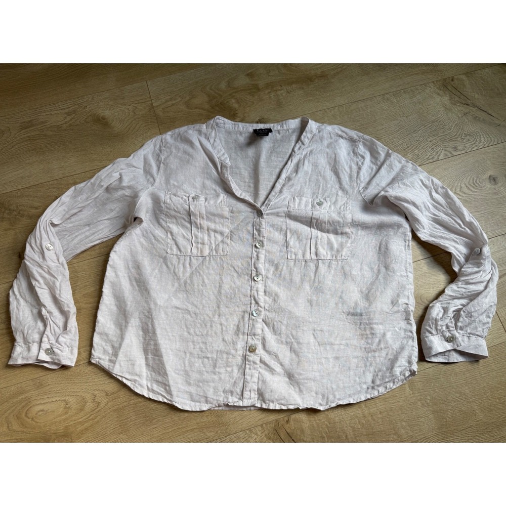 EUC Womens Nicole Miller 100% linen cream long sleeve roll‎ tab button up size L